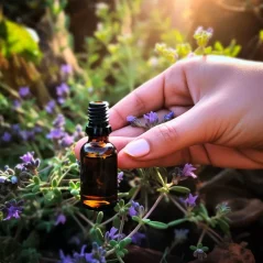 Flasche mit ätherischem Öl Wilder Thymian, 10 ml, 100% natürlich, zertifiziert aus nachhaltiger Landwirtschaft. Flasche mit ätherischem Öl Wilder Thymian, 10 ml, 100% natürlich, zertifiziert aus nachhaltiger Landwirtschaft.