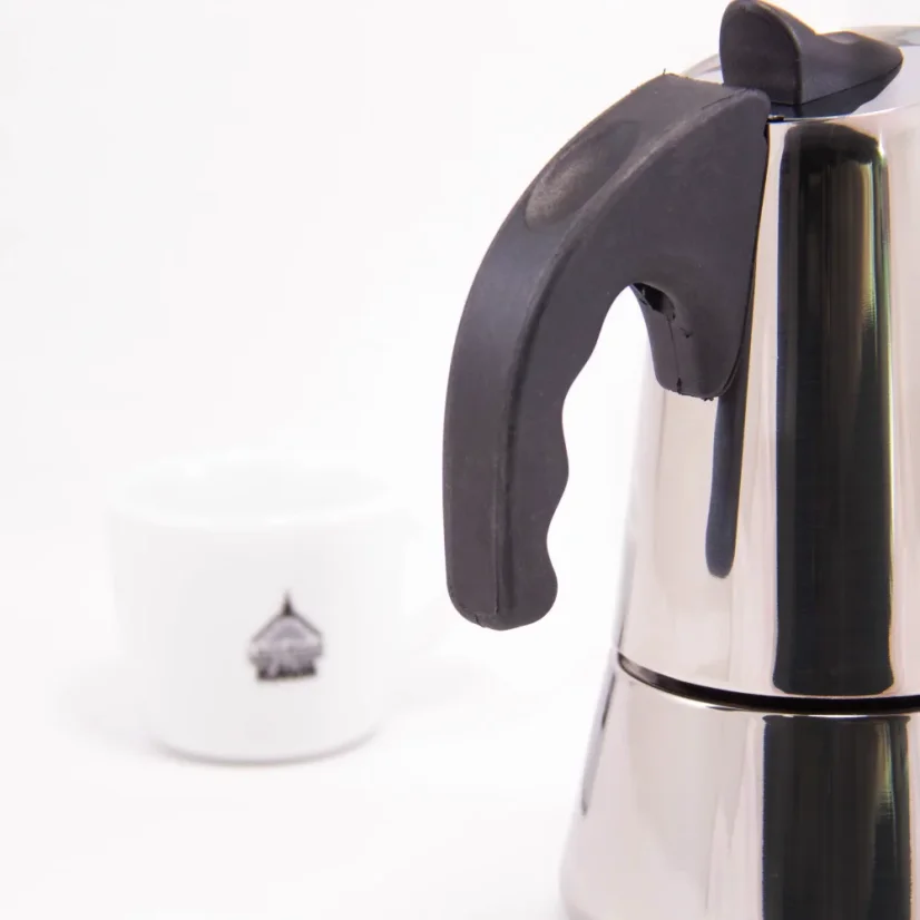 Moka pot Forever Miss Conny in silver color, suitable for halogen heating source, designed for making 4 cups of coffee.