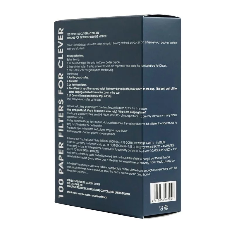 Pack mit 100 Papiertaschenfiltern der Größe L, ideal für die Zubereitung von Kaffee.