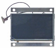 Elektronesch Display-Plack mat engem bloe LCD-Panel an engem Metall-Montagerahmen mat engem flaache Kabel.