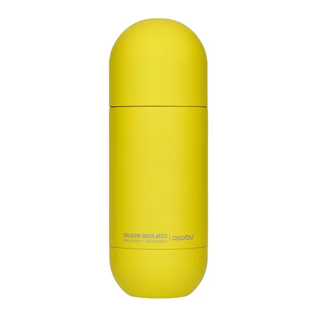 Žltá termofľaša Asobu Orb Bottle s objemom 420 ml, vyrobená z nehrdzavejúcej ocele, ideálna na udržanie teploty nápojov počas cestovania.