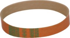 Orangen geriffelte Keilréim, zu enger Schleef opgerollt, mat der Opschrëft MEGADYNE.