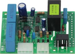 Elektronesche Verzögerungsschalter 230 V 50 Hz, gréng Plack mat blo Kondensatoren, engem Relais an engem Transformator.