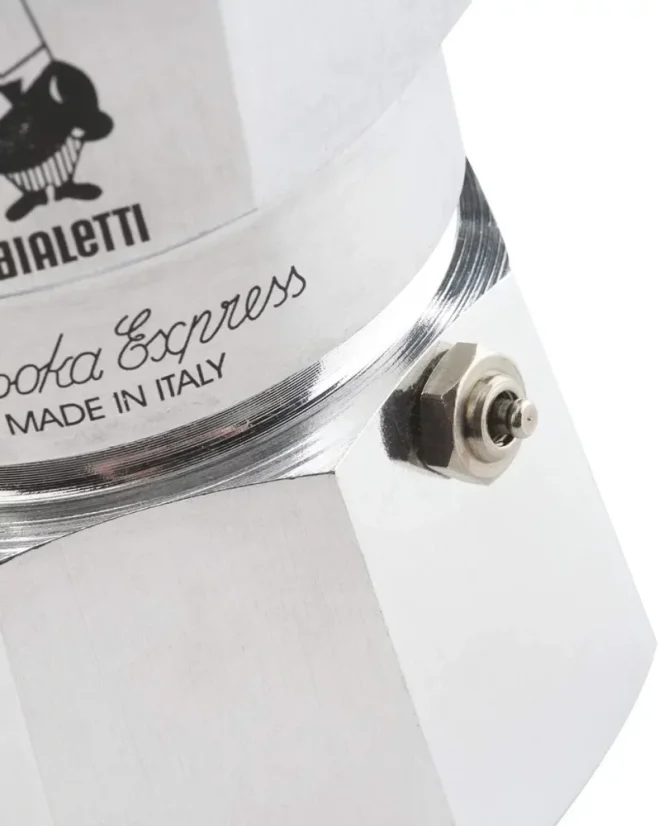 Detail of the safety valve on a Bialetti Moka pot.