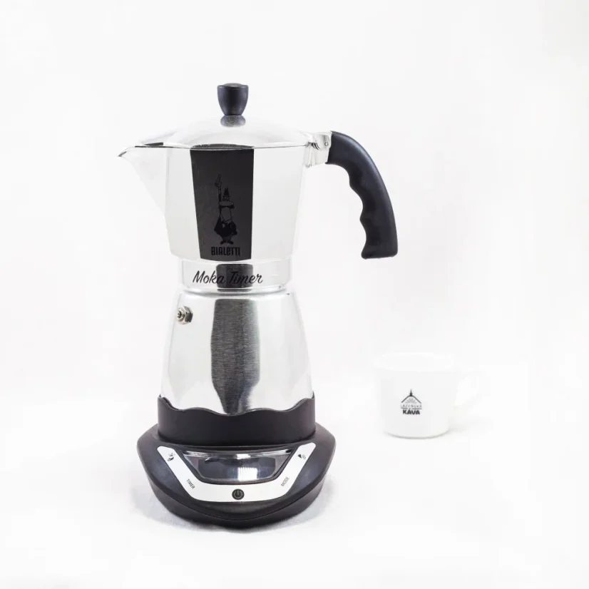 Silver Bialetti Moka Timer coffee maker for 6 cups, designed for making delicious coffee.