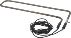 Schmuel, längleche Heizelement a Form vun engem verjéngten U mat engem laangen opgerollte schwaarze Kabel um Enn.