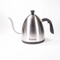 Silver electric kettle with a black handle on a white background