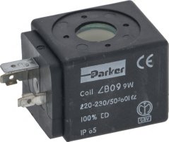 Schwaarz Spull vum elektromagnéitesche Ventil Parker ZB09, e Wierfel mat Pin-Ausgäng Schwaarz Spull vum elektromagnéitesche Ventil Parker ZB09, e Wierfel mat Pin-Ausgäng