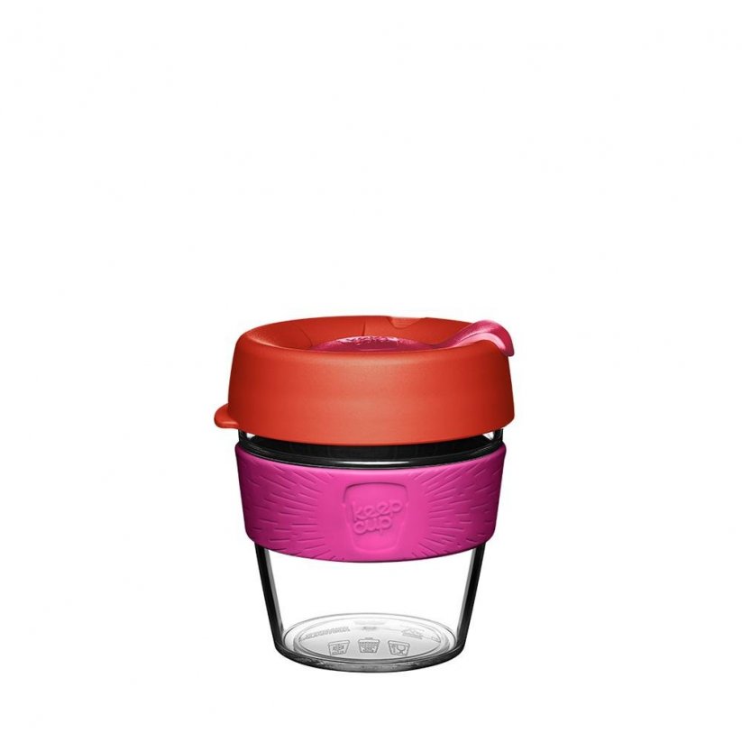 Keepcup plastic coffee mug with red lid and pink strap