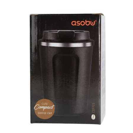Fekete Asobu Cafe Compact termosz bögre 380 ml űrtartalommal és dupla falú szigeteléssel, amely hosszabb ideig melegen tartja az italt.