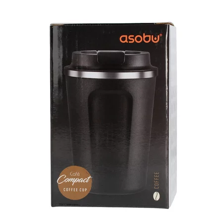 Black Asobu Cafe Compact thermal mug with a capacity of 380 ml and double-wall insulation, keeping the drink warm for longer.