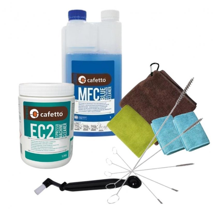 Lever coffee machine cleaning kit with wipes, brushes and Cafetto cleaners.