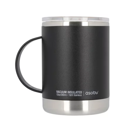 Čierny termohrnček Asobu Ultimate Coffee Mug s objemom 360 ml, ideálny na cestovanie.