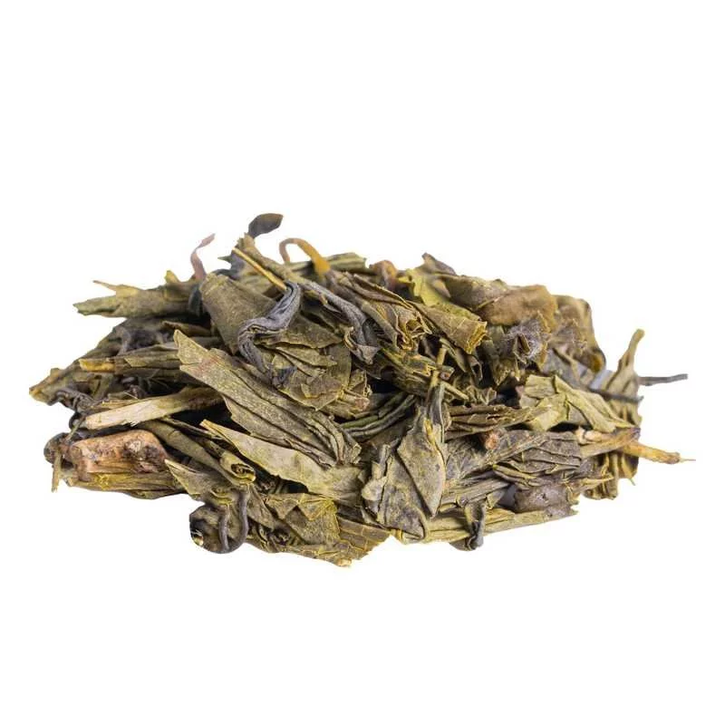 Green tea China Sencha Special BIO on a white background, side view