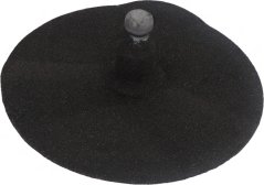 Schwaarze ronnen Schleifdisk (fir de Kartoffelschieler, Ø 380 mm) mat enger gruewer Uewerfläch an engem Mëttelhalter. Schwaarze ronnen Schleifdisk (fir de Kartoffelschieler, Ø 380 mm) mat enger gruewer Uewerfläch an engem Mëttelhalter.