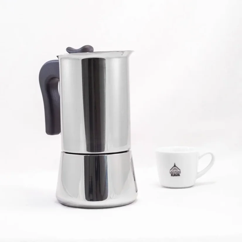 Forever Miss Splendy Moka pot suitable for brewing 10 cups of coffee, compatible with halogen heating sources.