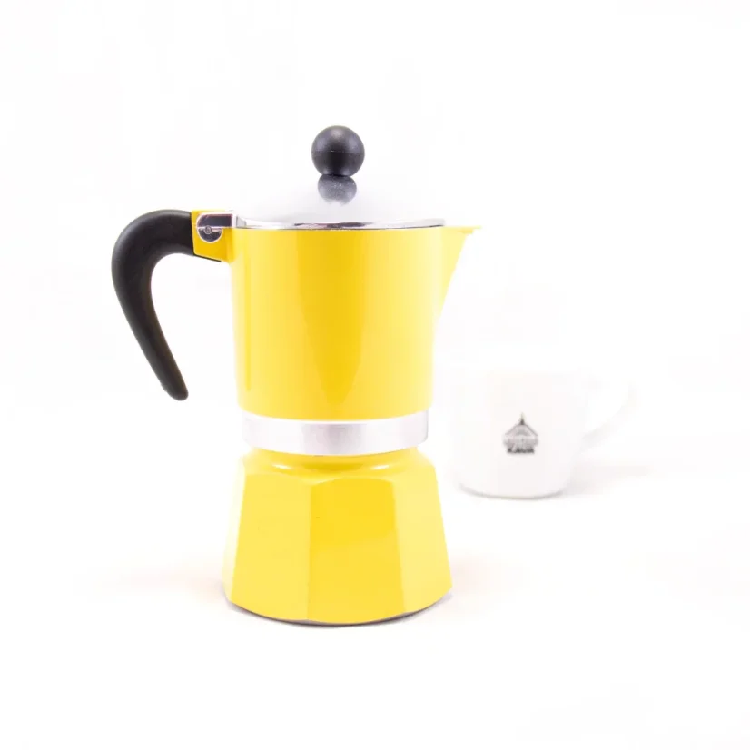 Yellow Bialetti Rainbow 3 moka pot suitable for heating on halogen sources.