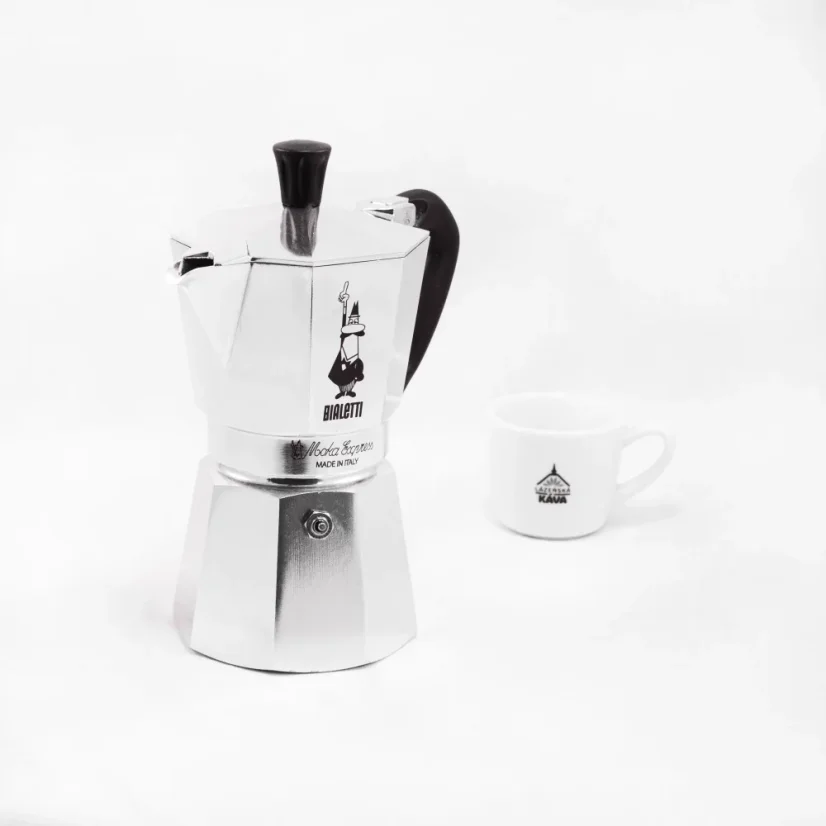 Moka pot of Italian brand with Bialetti Moka Express logo in the background and a cup with a coffee logo.