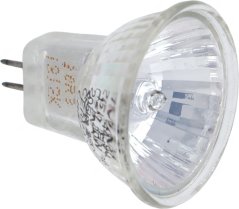Halogen-Luucht mat zwee Stiften an engem kloren Reflektorglas mat enger fein gerasterter Uewerfläch.