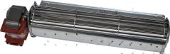 Tangentialventilator mat zylindresche Kierper, engem Metallgitter vun de Fligele an engem Motor op der Säit.