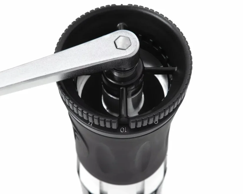 View into the hopper of a Flair Royale hand grinder with a 25g capacity
