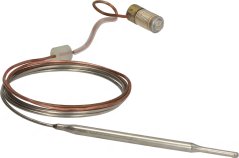 Sensor mat engem Messing-Gewëndeenn, enger opgerollter Kabel mat enger Plastikklammer an enger laanger Edelstolsond um Enn.