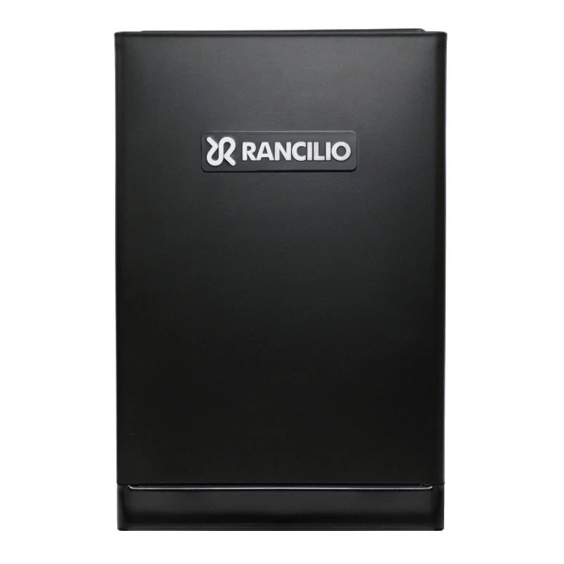 Rear view of a black Rancilio coffee machine.
