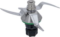 Messer-Assemblée fir THERMOMIX TM5, Edelstolmesser mat grénger Dichtung an engem schwaarze Sockel. Messer-Assemblée fir THERMOMIX TM5, Edelstolmesser mat grénger Dichtung an engem schwaarze Sockel.