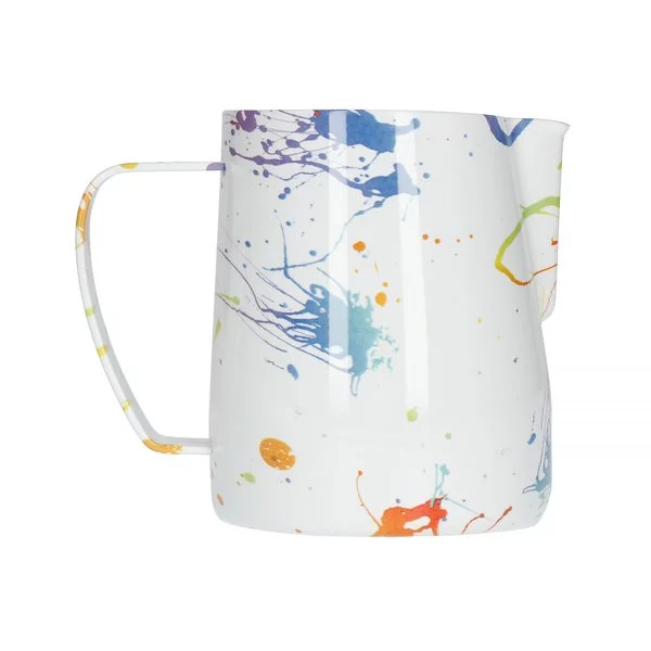White milk frothing pitcher with colorful splashes from Barista Space Splash, 350ml capacity