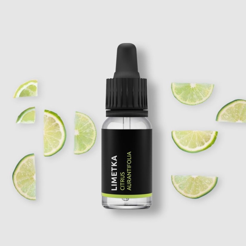 Huile essentielle de citron vert de la marque Pěstík en flacon de 10 ml avec certification 100% biologique, idéale pour l'aromathérapie et la relaxation.