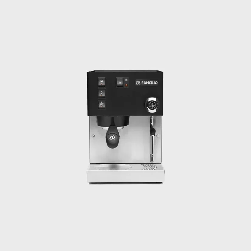 Machine à café expresso Rancilio Silvia E noire avec tête circulaire, idéale pour une utilisation domestique.
