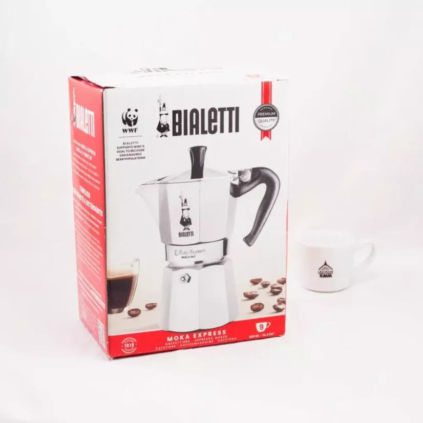 Bialetti Moka Express na 9 filiżanek, odpowiednia dla płyt ceramicznych.