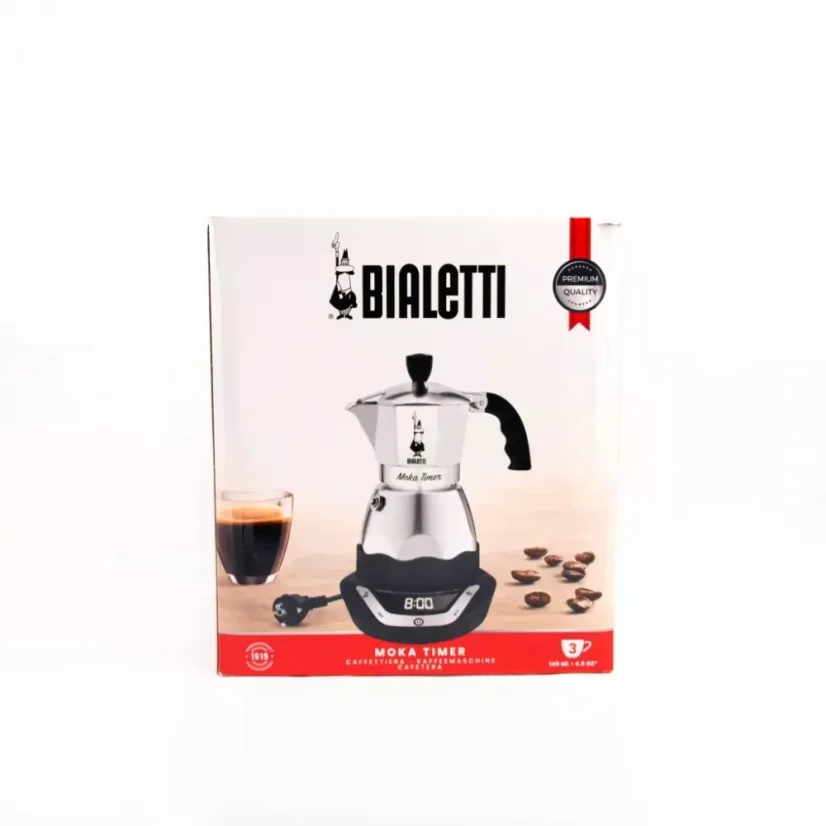 Bialetti Moka Timer strieborná konvička na kávu na 3 šálky v originálnom balení na bielom pozadí