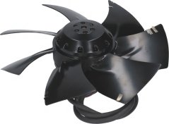 Axialventilator ouni Kader mat siwe gebéite Schaufelen ronderëm engem ronde Motor mat Konnektor.