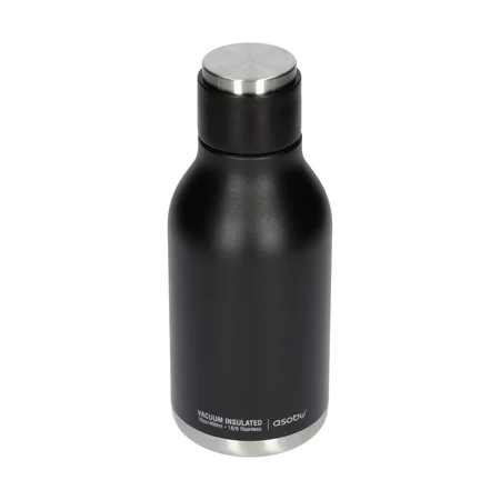 Black stainless steel Asobu Urban Water Bottle with a capacity of 460 ml, ideal for travel.