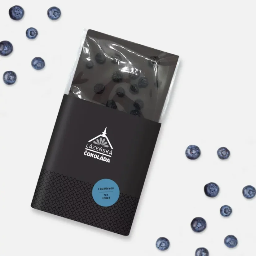 Dark 70% chocolate with blueberries in a black label on a white background with blueberries