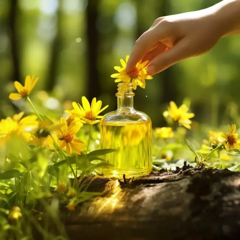 Flacon en verre avec de l'huile essentielle naturelle à 100 % d'arnica, 10 ml, destiné à la régénération des muscles.