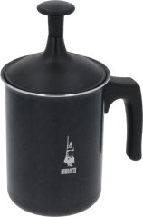 Bialetti Mëllechschaimer 330 ml (6 Taassen), schwaarze Metallmëllechschaimer mat Kolbendeckel a Plastikgrëff, Logo op der Säit