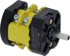 Dréischalter 0-2 Positioun 16 A 300 V VIBIEMME, mat schwaarz-giellem Kierper, enger Metallbedéngungswell a Schraufklemmen.