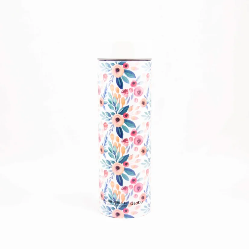 Asobu Le Baton Floral travel mug with a 500 ml capacity, double-wall insulation, suitable for maintaining beverage temperature while traveling.