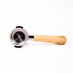 Double 58 mm portafilter from Heavy Tamper with a brown olive wood handle.