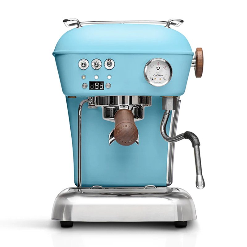 Blaue Ascaso Dream PID-Hebel-Kaffeemaschine mit Temperaturregelung.
