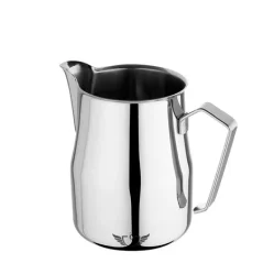 The Motta Europa 350 ml milk pitcher is made of high-quality stainless steel with a shiny surface.