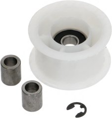 Wäiss Plastik-Rieminscheif mat Kugellager an der Mëtt an zwou Metall-Distanzbüchsen, dernieft e Sécherungsring Wäiss Plastik-Rieminscheif mat Kugellager an der Mëtt an zwou Metall-Distanzbüchsen, dernieft e Sécherungsring