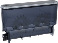 Duerchsiichtege schwaarze Späicher mat siichtbare Zännrieder dran an engem Metallhalter