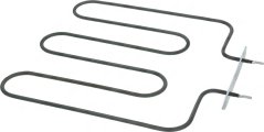 Heizelement a Form vun dräi parallelen, gebéigte Réierschleefen mat enger Metall-Klemmleescht a zwee Pins.