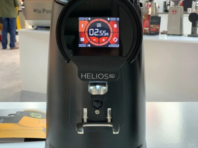Espresso coffee grinder Eureka Helios 80 in gray finish, designed for 230V power supply.