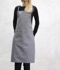 Gray barista apron with pockets, front view