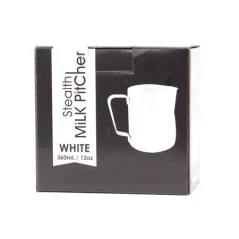 White Teflon milk jug with a capacity of 360 ml.