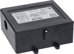 Kontrolleenheet fir d'Doséierung, 2 Gruppen 240 V, schwaarz Plastikbox mat engem duerchsiichtege Fënster, enger Schrauf a Kabeldurchféierungen.